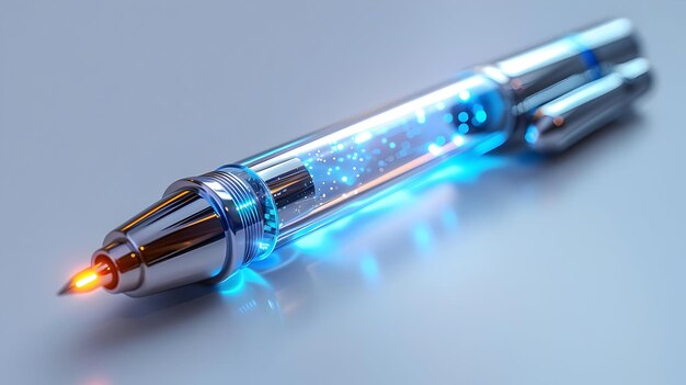 Futuristic Pen 3D Illustration Glowing Pen Tip with Blue Particles Inside