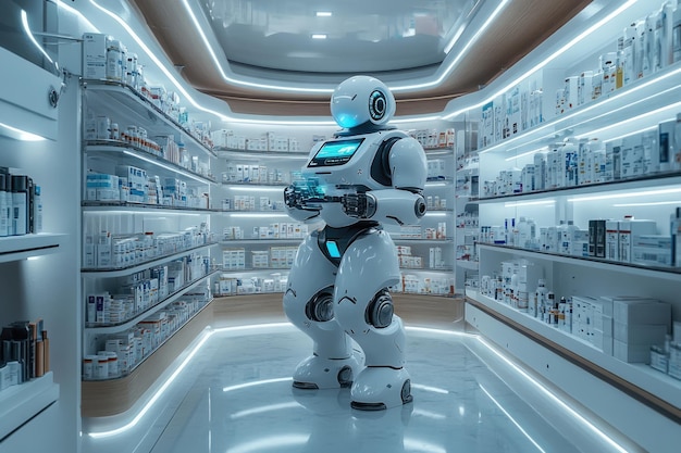 Photo a futuristic pharmacy with a white robot standing in the middle surrounded by shelves of medicine