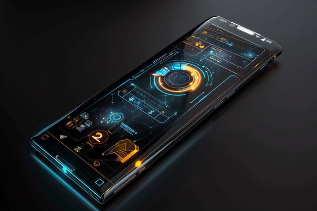 Futuristic phone with glowing interface showcasing advanced technology and design Concept of innovation connectivity and the future of mobile devices