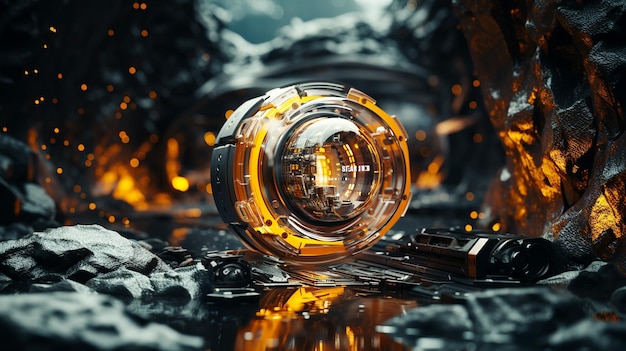 Futuristic photographer illuminates yellow abstract space scene