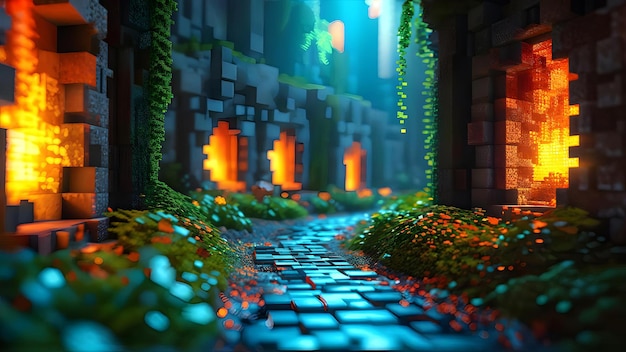 Futuristic pixel art landscape with glowing lights deep colors fantasy video game design