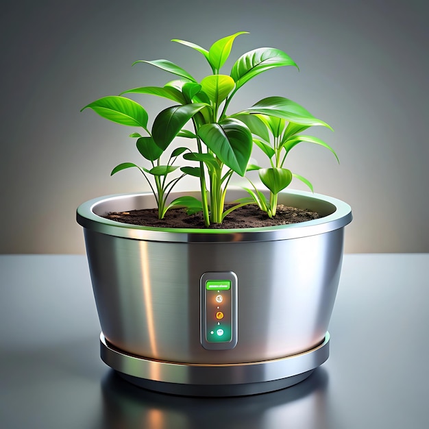 a futuristic plant pot a plant pot tree green leaves on it Robotic advanced technology