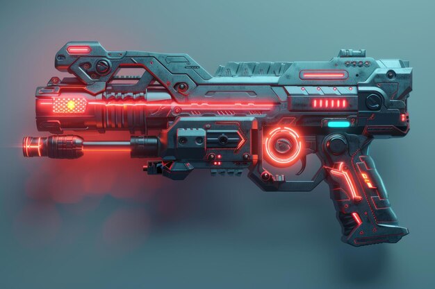 Futuristic plasma gun with red lights is ready to fire