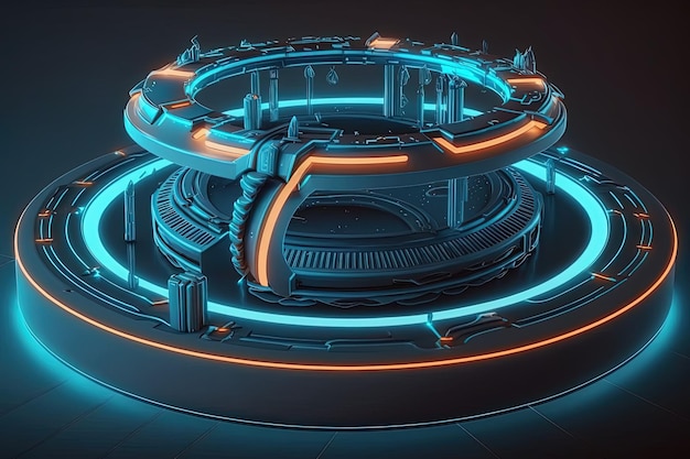 A futuristic platform set against a big luminous neon loop sircle