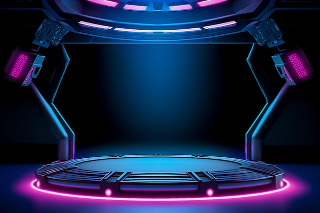 Futuristic Podium with Neon Lights and Laser Beams AI generated