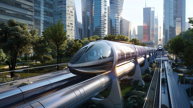 Futuristic podshaped train travels above a cityscape