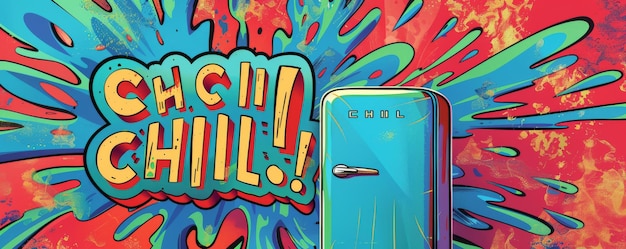 Futuristic popart illustration of a smart fridge with vibrant Chill text