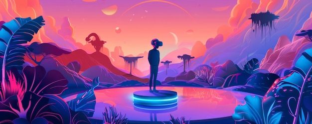 Photo futuristic popart illustration of a vr experience in an alien landscape