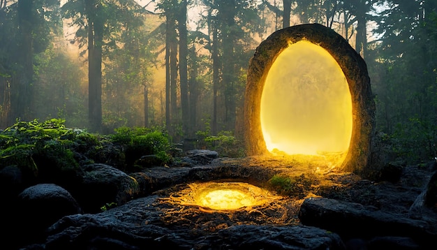 Futuristic portal in the center of the forest to the realm 3d rendering. Raster illustration.