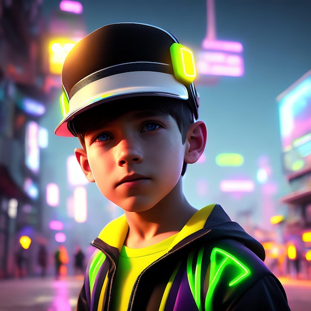 Futuristic Portrait Of A Boy with Neonlit Outfit and Megapolis 3D Ultrarealistic Illustration