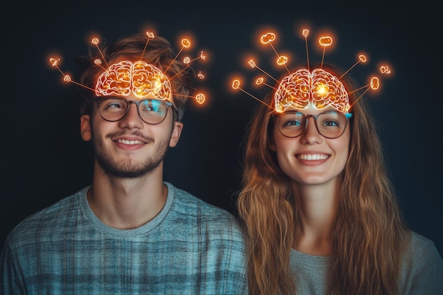 Photo futuristic portrait of a couple with glowing brain networks symbolizing the shared thoughts and tec