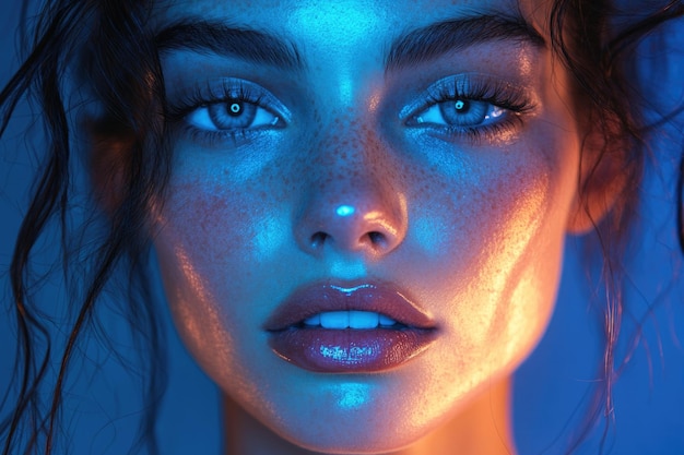 Photo futuristic portrait of a fashion model neon light blue glow trendy makeup and aienhanced beau