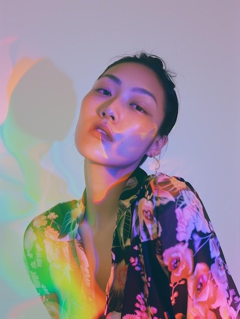 Futuristic portrait of a pretty asian model posing a neon light