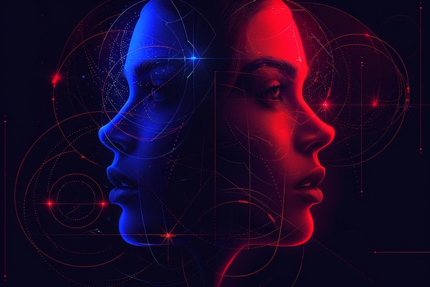 Futuristic portrait of a woman in blue and red light showcasing modern design and vibrant colors i