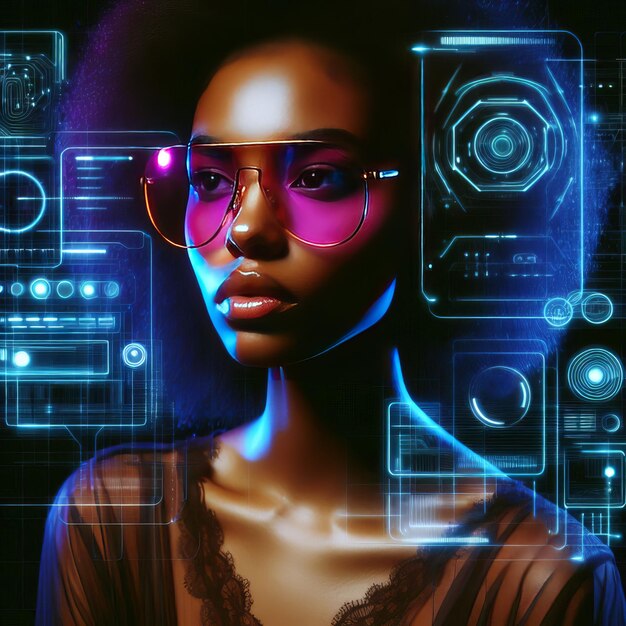 Photo a futuristic portrait of a woman wearing sleek hightech glasses with a holographic interface