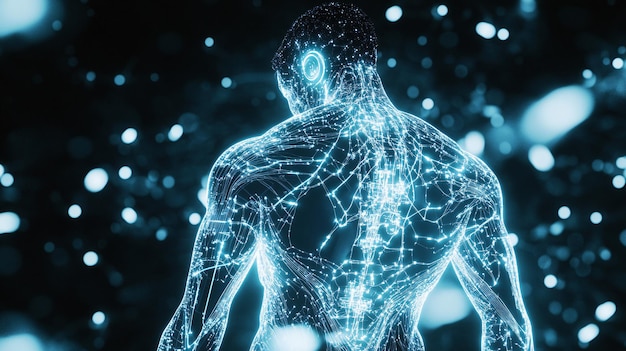 A futuristic portrayal of a cyborg human where digital circuitry and glowing tech lines define