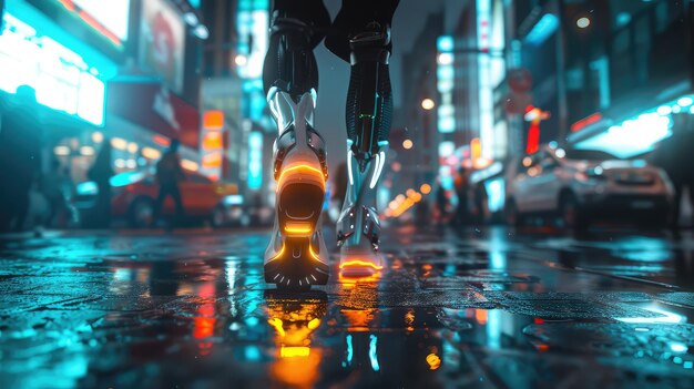 Futuristic Prosthetic Legs Illuminated in a Modern Urban Environment Showcasing Advanced Technology