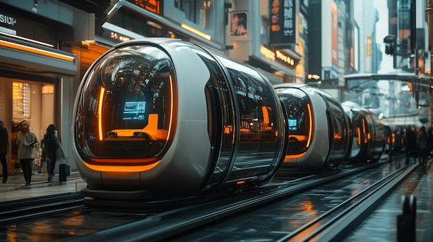 Futuristic Public Transport Pods with AI Navigation Small autonomous transport pods moving seamlessly through a city managed by AI