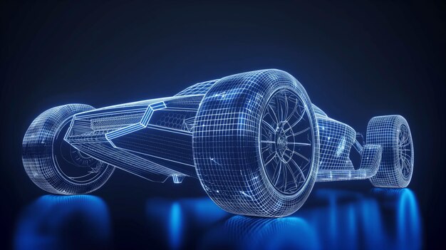 Photo futuristic race car wireframe design blue glowing 3d render