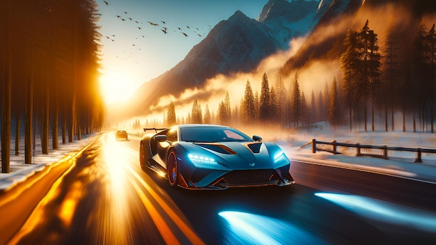 Futuristic Racing Car Soars Through Stunning Natural Backdrop