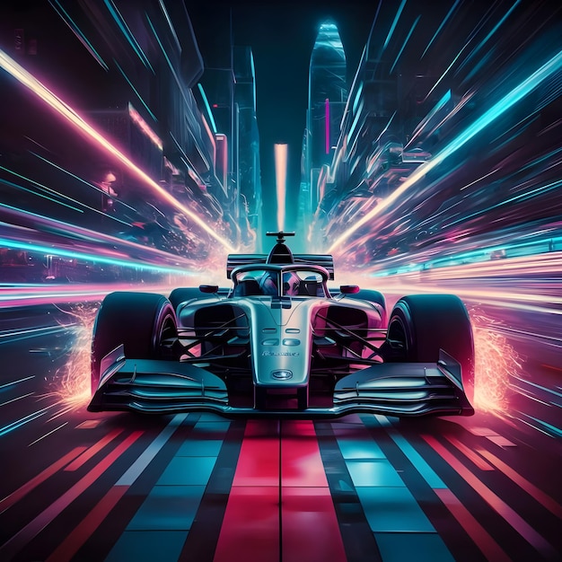 Futuristic racing formula at fast ride to finish Postproducted digital illustration