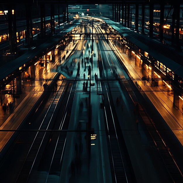 Photo futuristic railway station paths and silhouettes from above