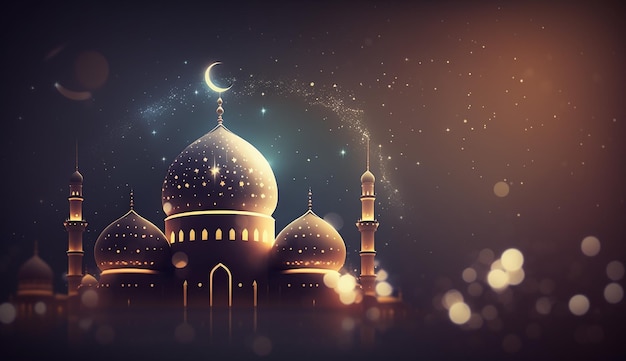 Futuristic ramadan background with mosque and bokeh Generative AI