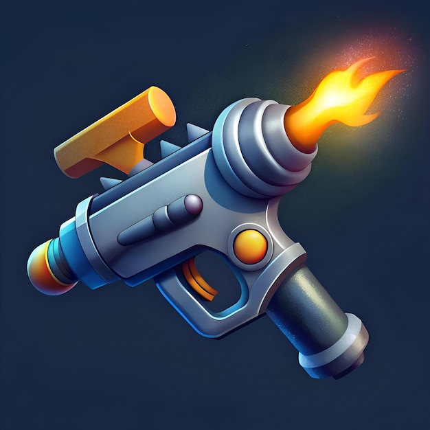 A futuristic ray gun with a silver body yellow accents and a blazing fire effect coming out of the barrel