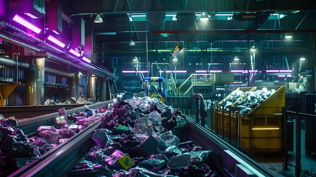 Photo futuristic recycling center with advanced waste processing equipment and meticulously sorted discarded items