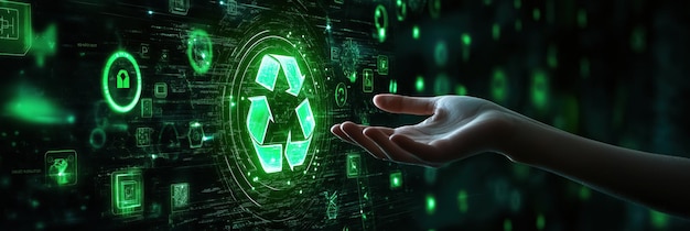 Photo futuristic recycling technology concept with digital hand and green icons