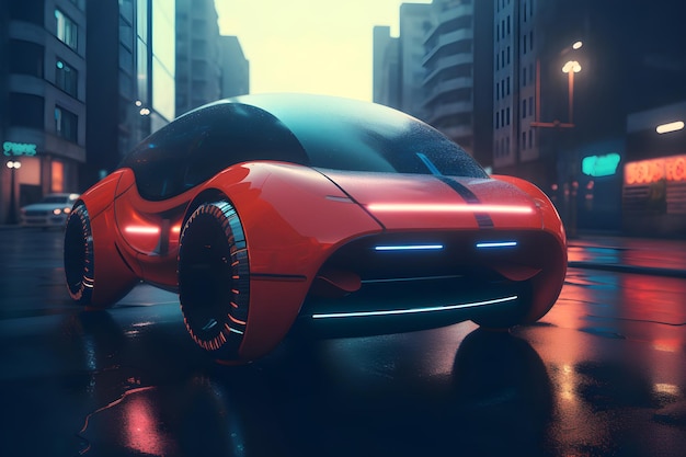 A futuristic red car is on a city street Generative ai