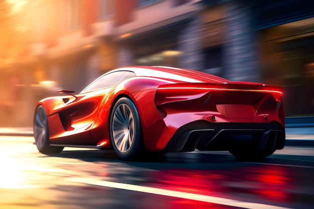 Futuristic red color sport automobile on road speed back view generative ai