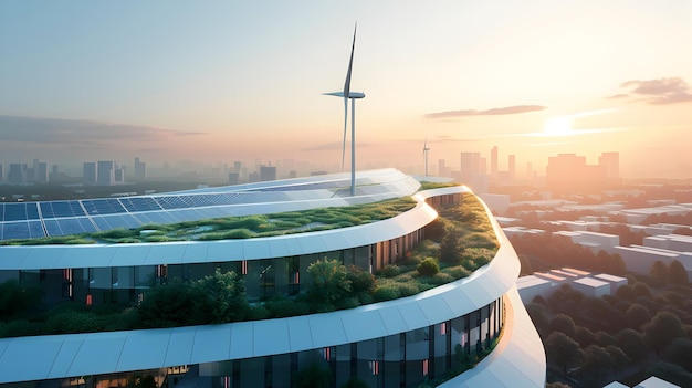 Photo futuristic renewable energy technology in a sleek urban landscape with solar arrays and wind turbines