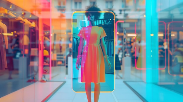 Photo futuristic retail shopping experience with augmented reality featuring vibrant holographic displays