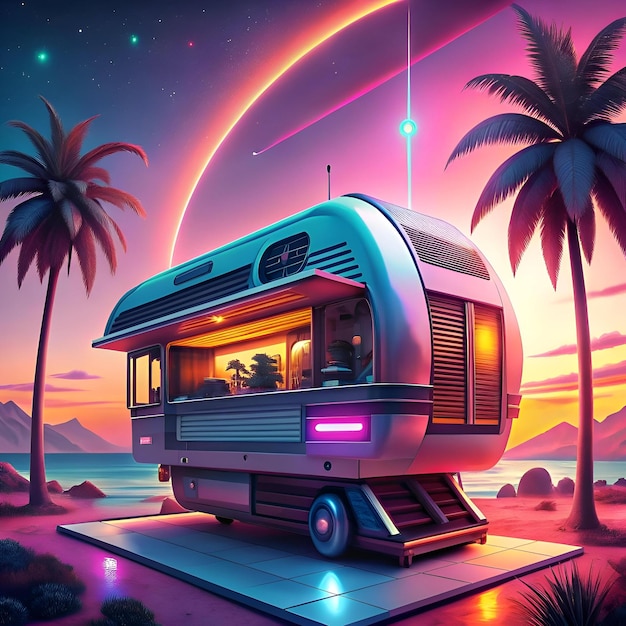 Photo futuristic retro camper van parked on a beach at sunset