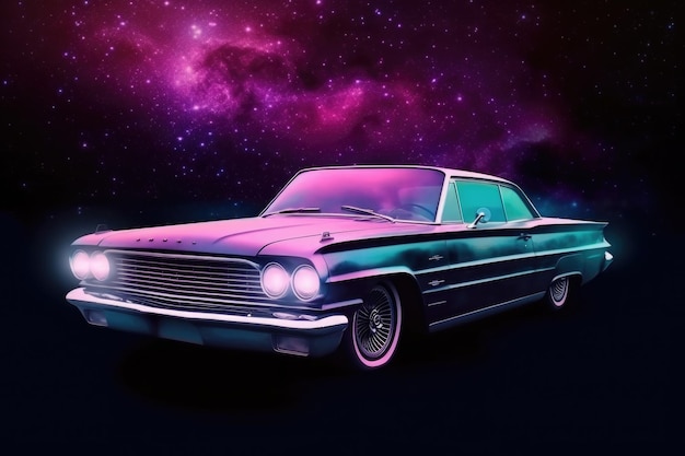 Futuristic retro car in space galaxy background Generative AI