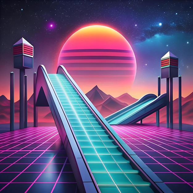 Photo a futuristic retro inspired 3d illustration of a ramp leading to a neon lit cityscape under a vibrant sunset