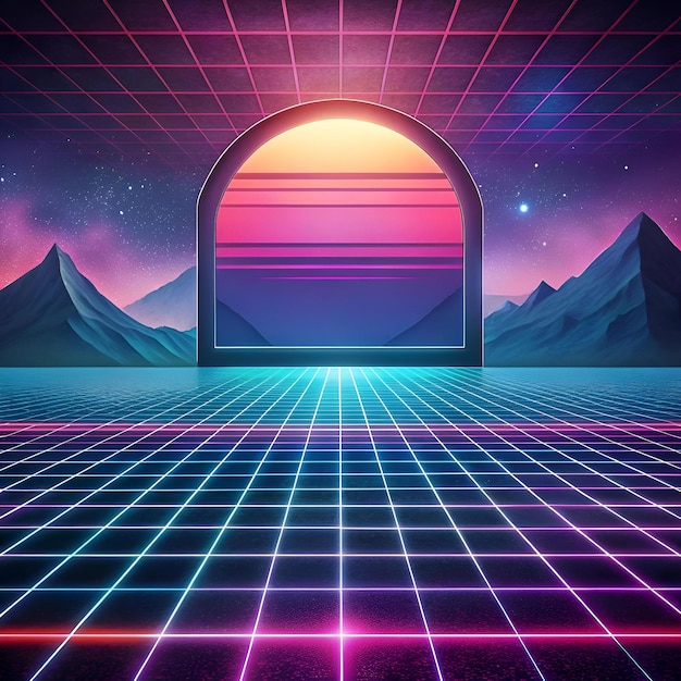 A futuristic retro inspired landscape with a neon grid floor and a window leading to a vibrant sunset over mountains