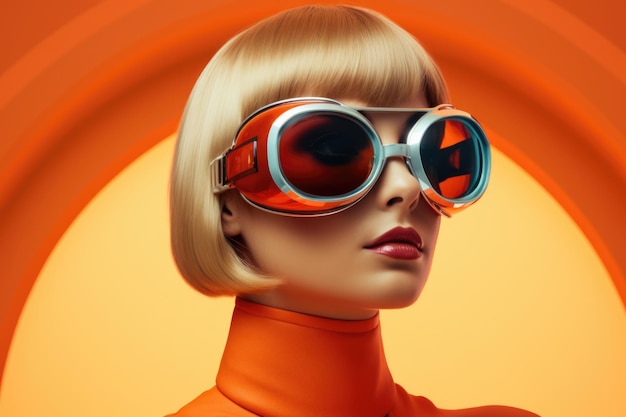 Futuristic retro portrait of blonde girl futuristic orange glasses on oval orange background