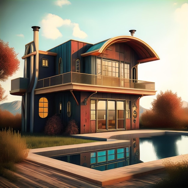 Futuristic retro rustic modern house