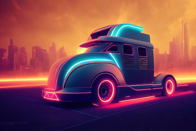 Futuristic retro wave synth wave car Big truck Retro truck with neon backlight contours