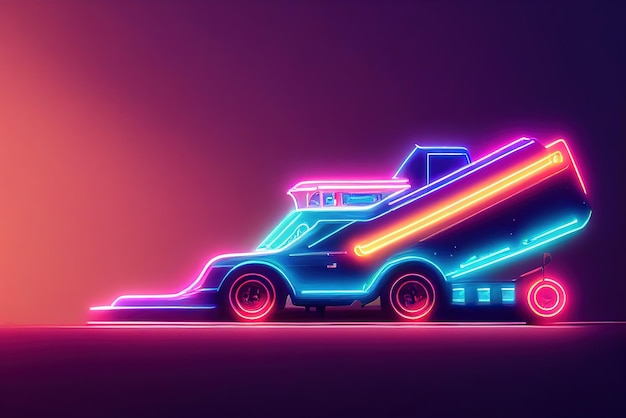 Futuristic retro wave synth wave car Big truck Retro truck with neon backlight contours