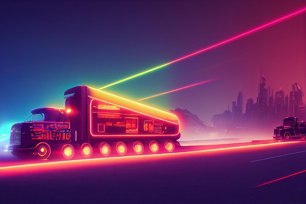 Futuristic retro wave synth wave car Big truck Retro truck with neon backlight contours