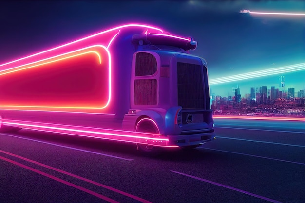 Futuristic retro wave synth wave car Big truck Retro truck with neon backlight contours