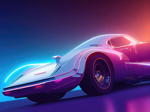 Futuristic retro wave synth wave car Retro sport car with neon backlight contours