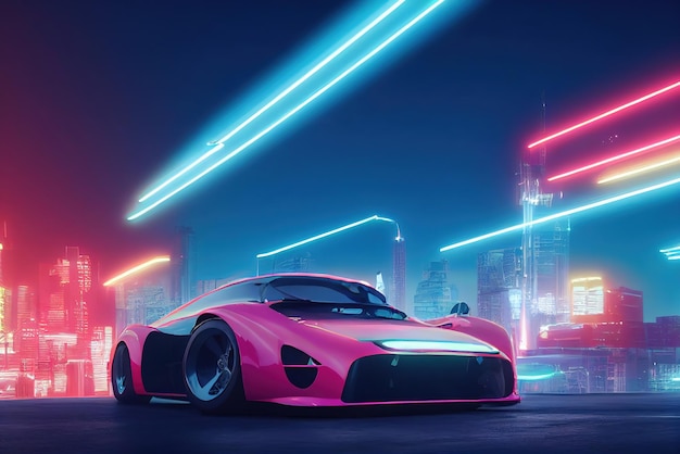 Futuristic retro wave synth wave car Retro sport car with neon backlight contours