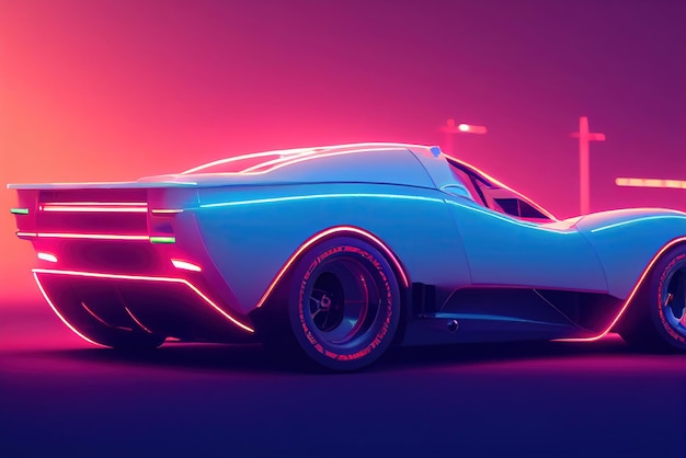 Futuristic retro wave synth wave car Retro sport car with neon backlight contours