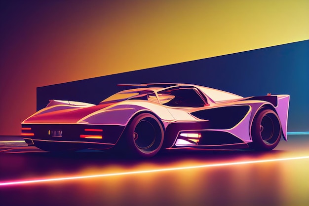 Futuristic retro wave synth wave car Retro sport car with neon backlight contours