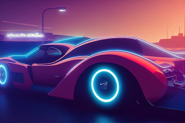 Futuristic retro wave synth wave car Retro sport car with neon backlight contours