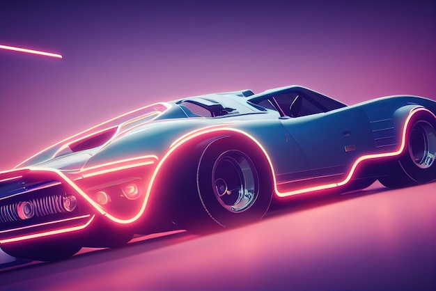 Futuristic retro wave synth wave car Retro sport car with neon backlight contours